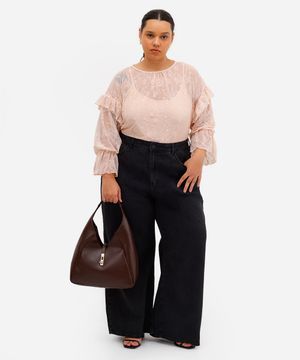 calça super wide leg jeans feminina plus size preta