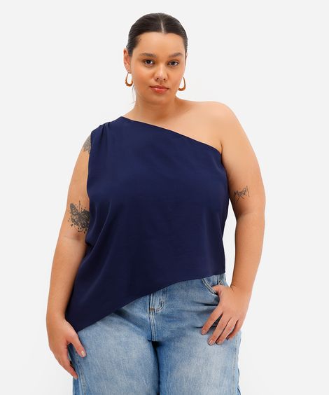blusa ombro único feminina assimétrica plus size azul