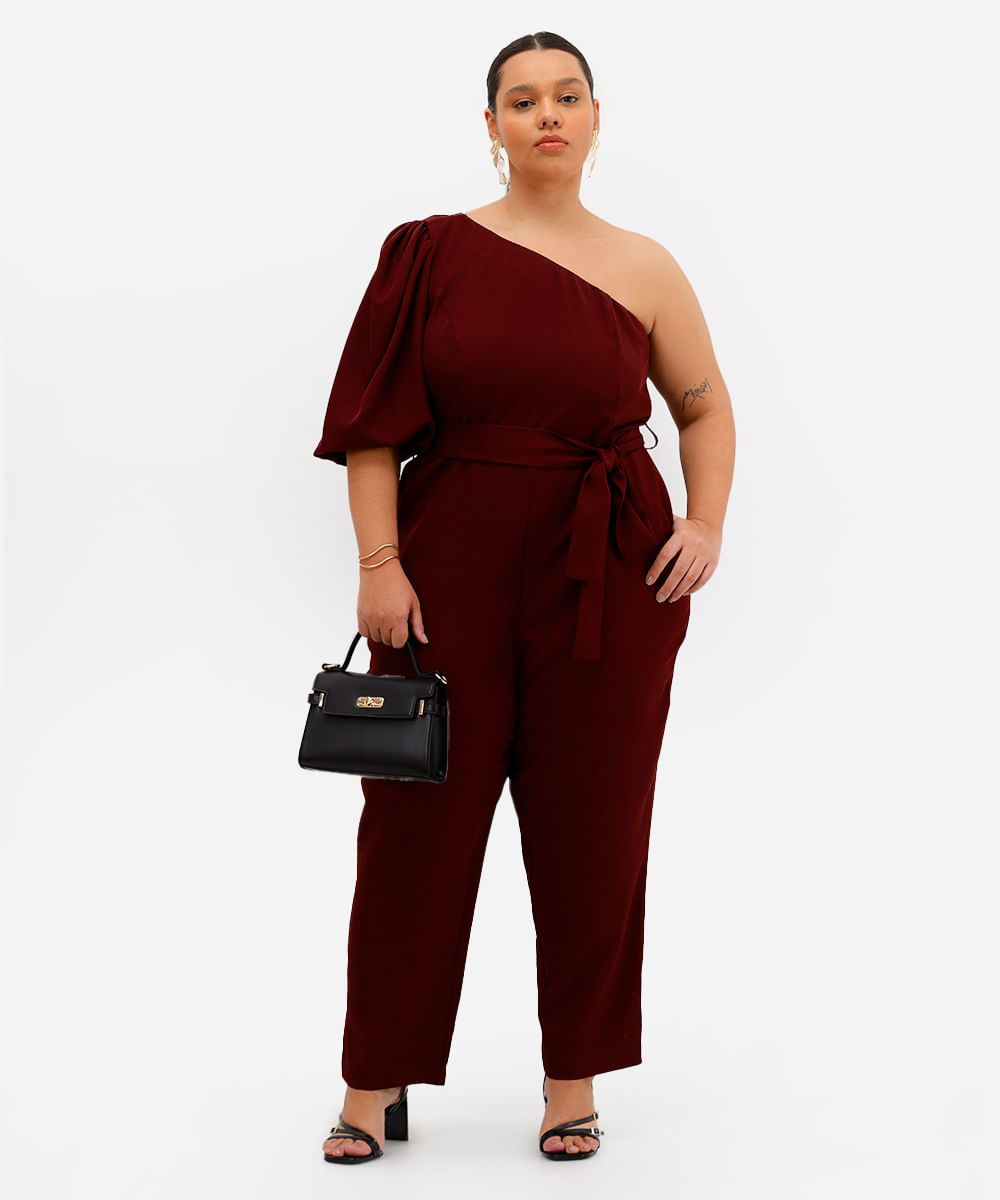 macacão ombro único feminino plus size vinho