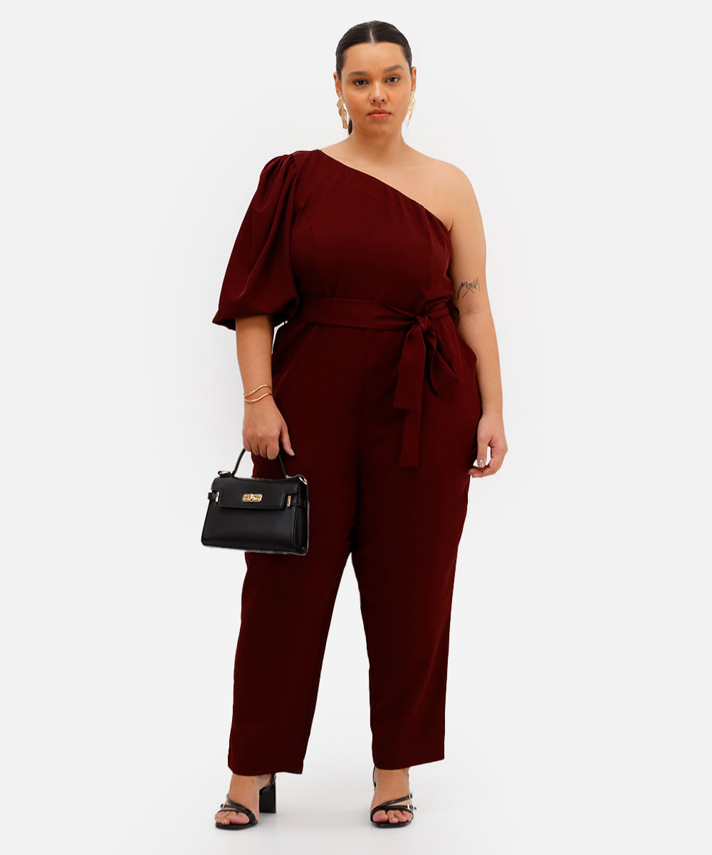 macacão ombro único feminino plus size vinho