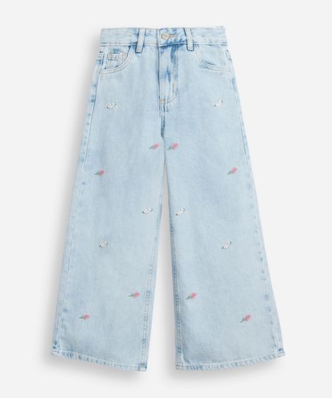 calça wide leg infantil jeans floral - jeans medio