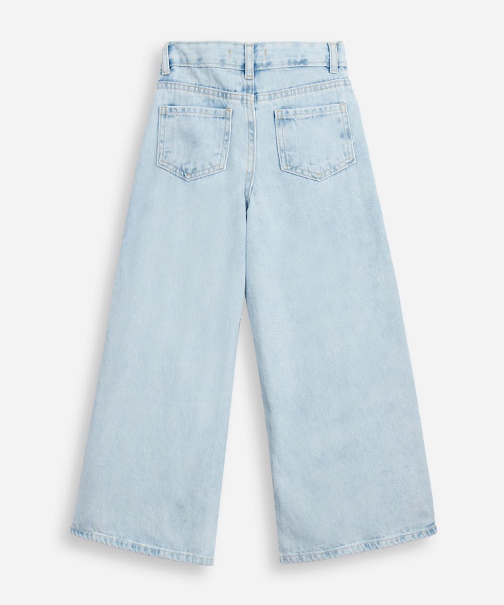 calça wide leg infantil jeans floral - jeans medio