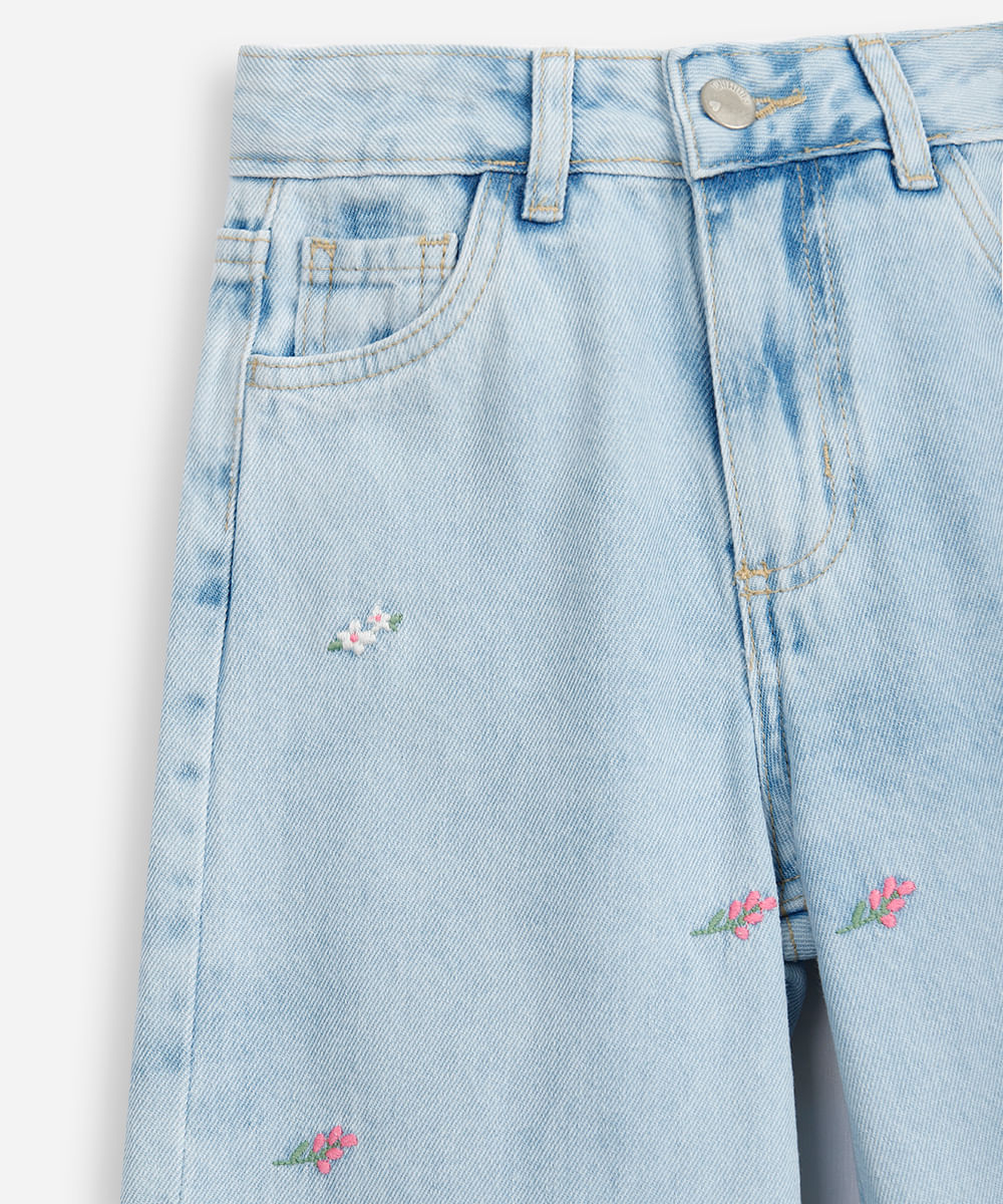 calça wide leg infantil jeans floral - jeans medio