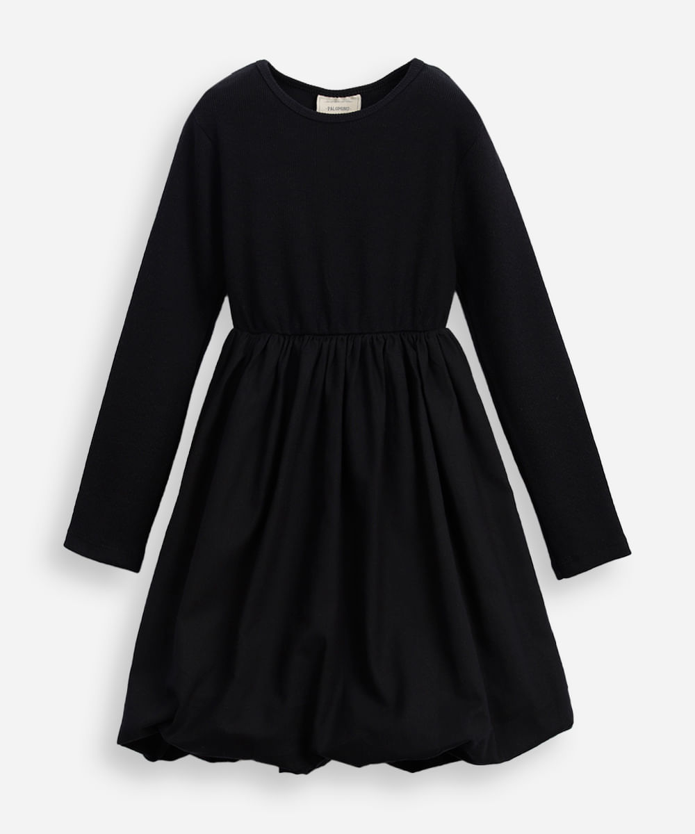 vestido balonê infantil de algodão manga longa preto