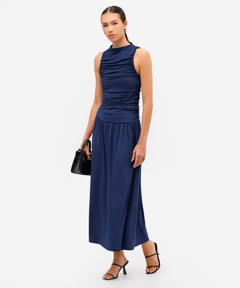 vestido midi feminino franzido azul