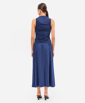 vestido midi feminino franzido azul