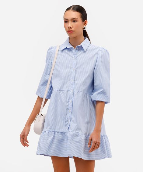 vestido chemise curto de algodão listrado manga bufante azul