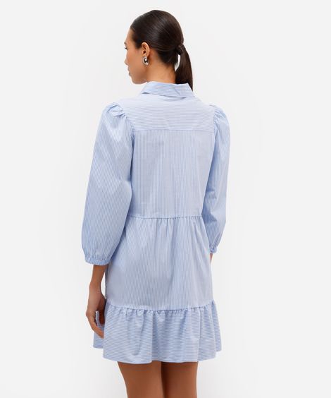 vestido chemise curto de algodão listrado manga bufante azul