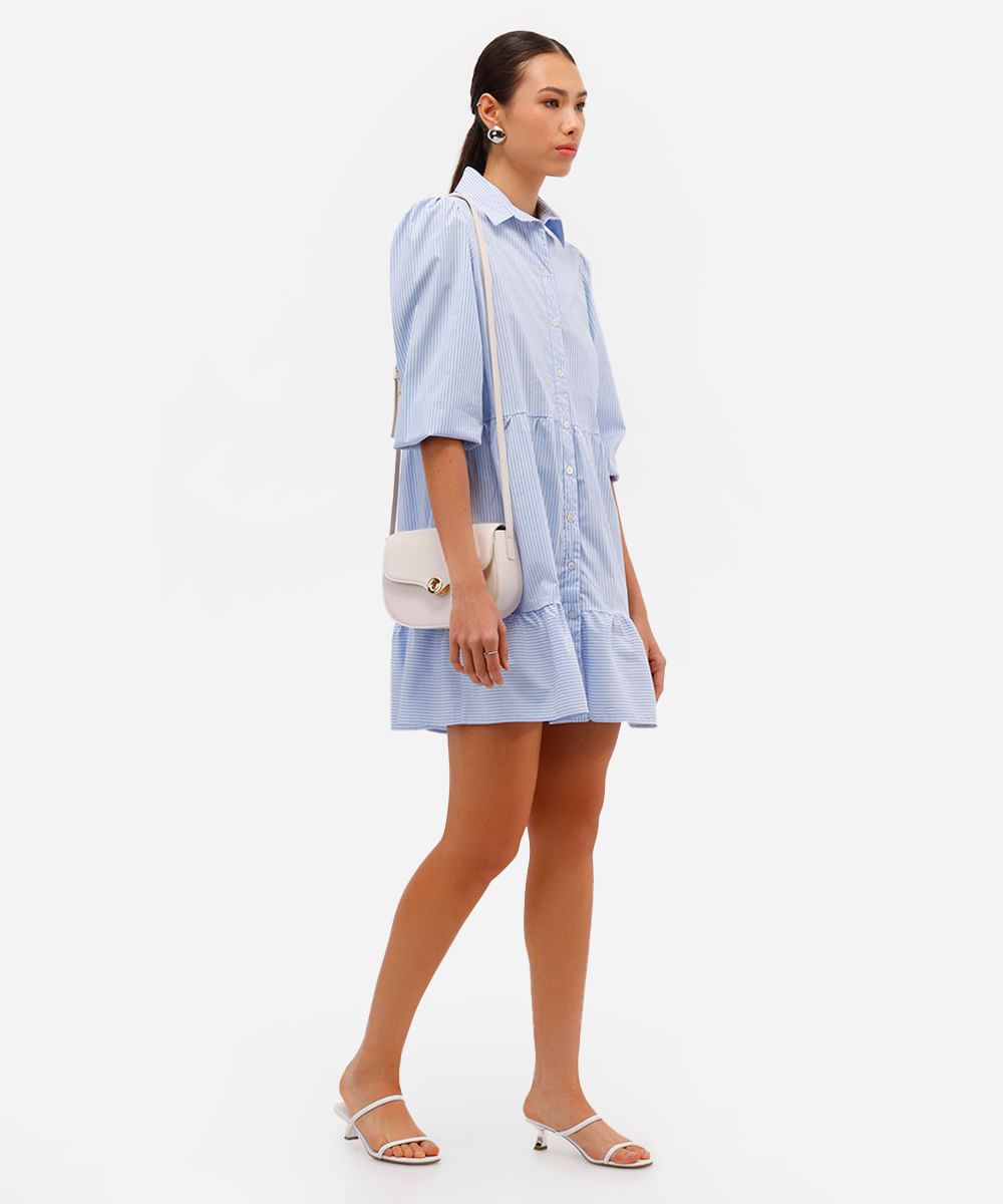 vestido chemise curto de algodão listrado manga bufante azul