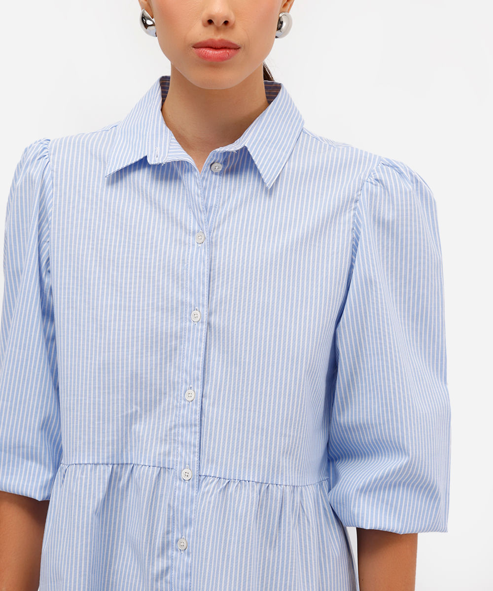 vestido chemise curto de algodão listrado manga bufante azul