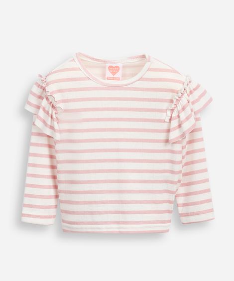 blusa infantil manga longa com babado listrada rosa