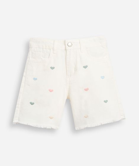 shorts mom infantil de sarja coração off white
