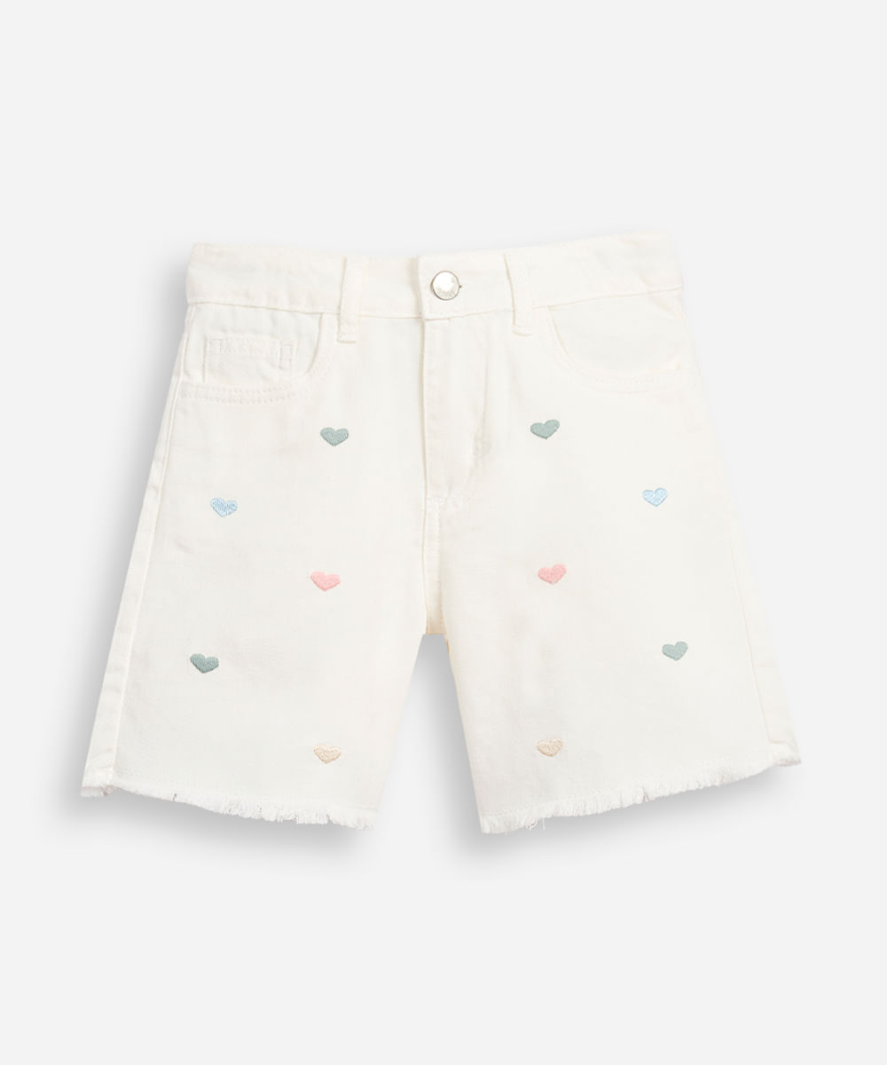shorts mom infantil de sarja coração off white