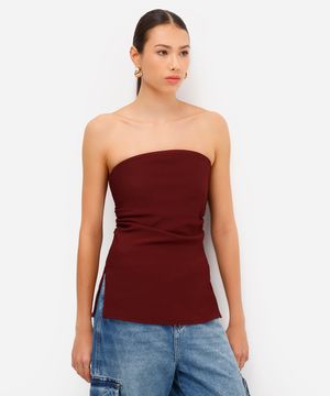 blusa feminina alongada sem alça com franzido vinho