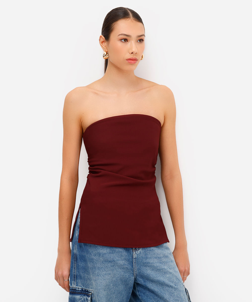 blusa feminina alongada sem alça com franzido vinho