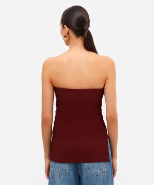 blusa feminina alongada sem alça com franzido vinho