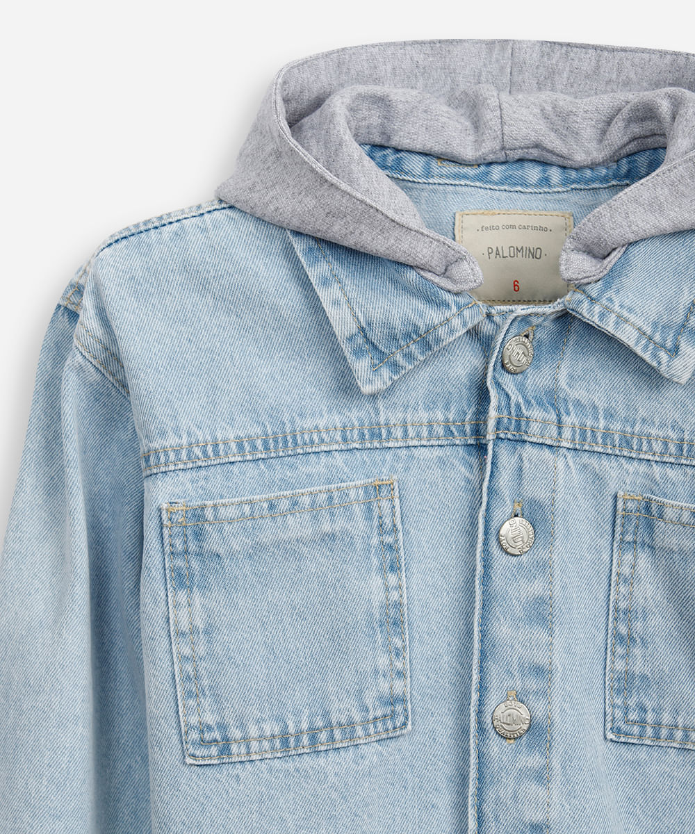 jaqueta oversized jeans infantil com capuz removível azul