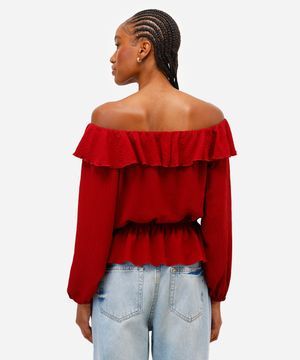 blusa ombro a ombro feminina com babados texturizada vinho