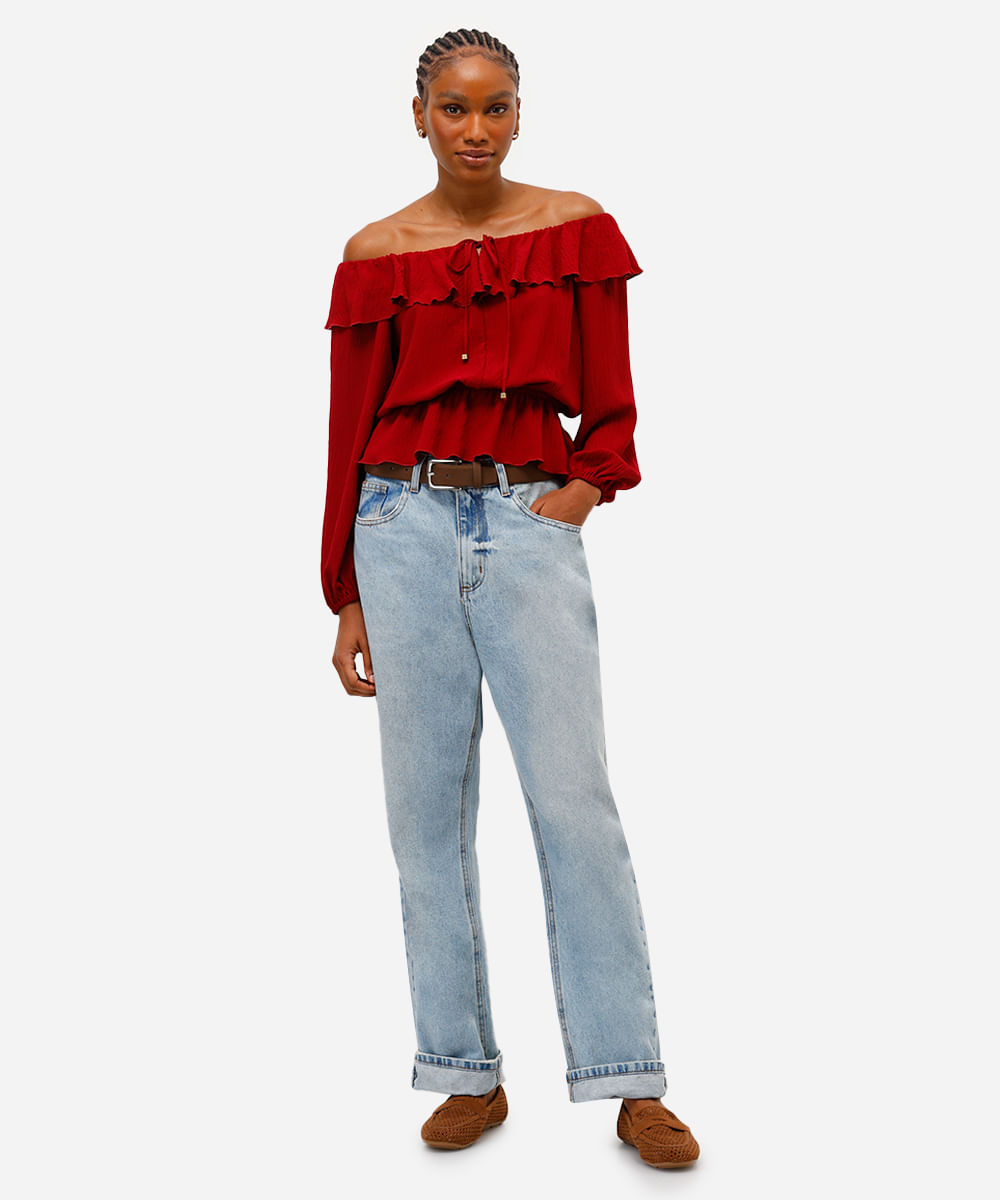 blusa ombro a ombro feminina com babados texturizada vinho