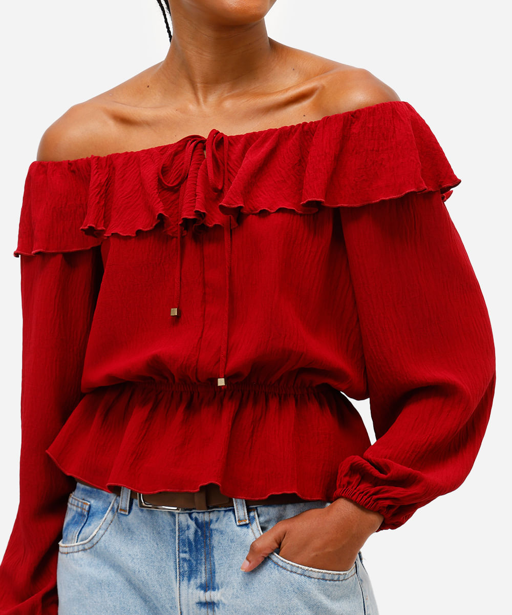 blusa ombro a ombro feminina com babados texturizada vinho