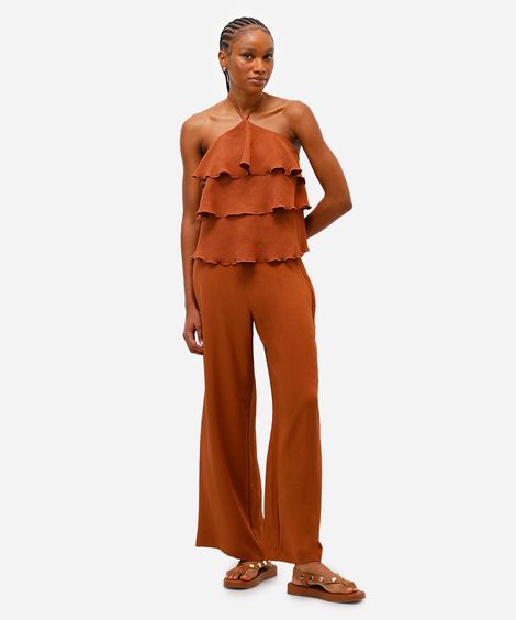 calça reta feminina texturizada  marrom