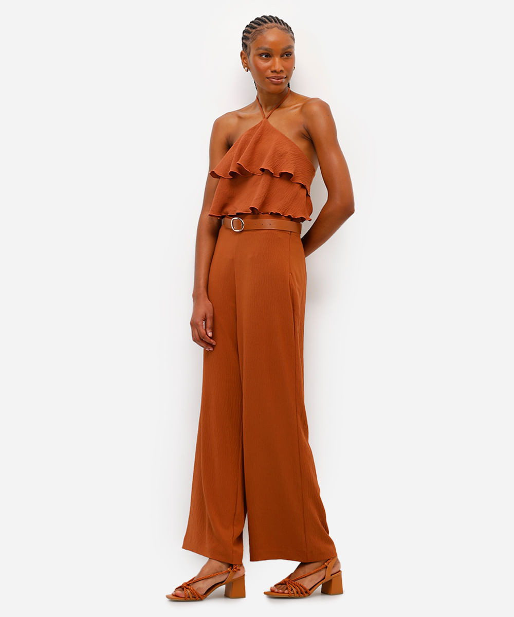 calça reta feminina texturizada  marrom