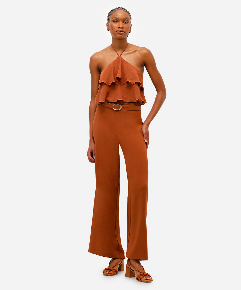 blusa feminina frente única texturizada com babados marrom
