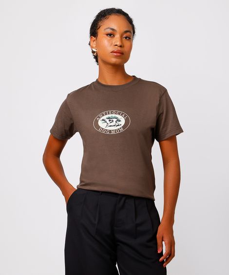 camiseta feminina de algodão antisocial dog mom mindset marrom