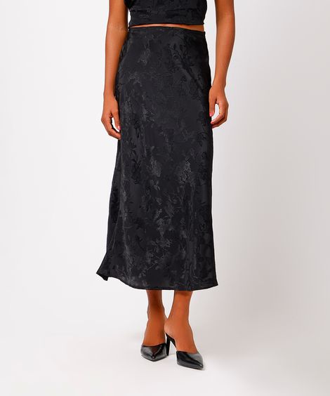 saia midi feminina acetinada floral mindset preta