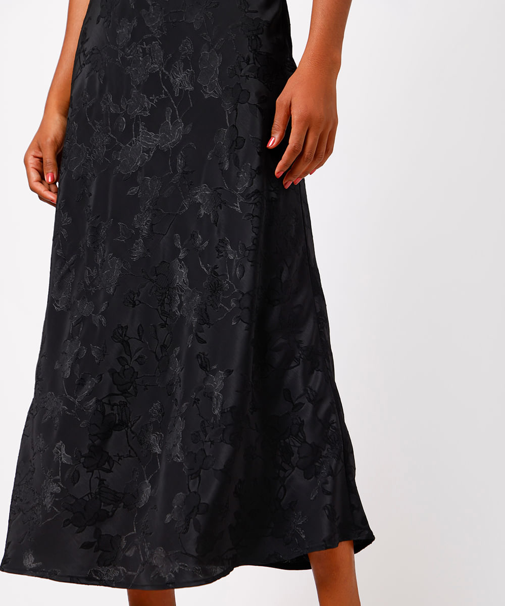 saia midi feminina acetinada floral mindset preta