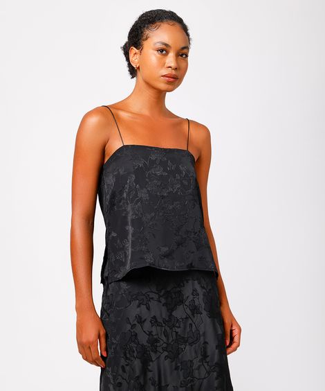 blusa alça fina feminina de jacquard com fendas floral mindset preta