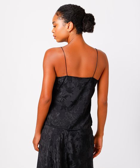 blusa alça fina feminina de jacquard com fendas floral mindset preta