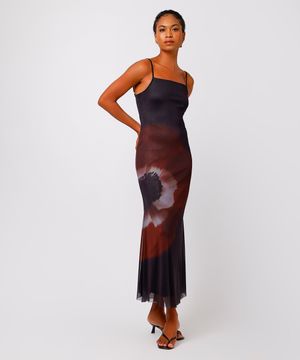 vestido longo de tule floral mindset preto