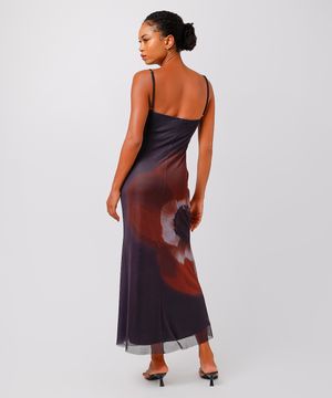 vestido longo de tule floral mindset preto