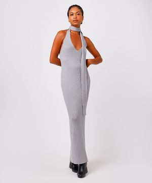 vestido longo feminino de tricot com echarpe cinza