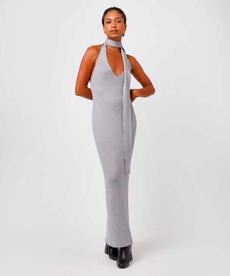 vestido longo feminino de tricot com echarpe cinza