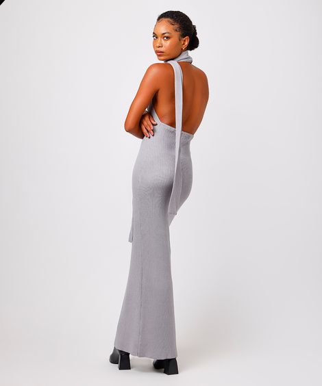 vestido longo feminino de tricot com echarpe cinza