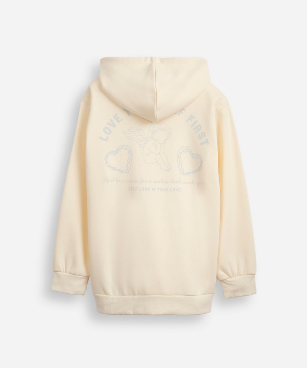 blusão de moletom juvenil com capuz e bolso true love bege