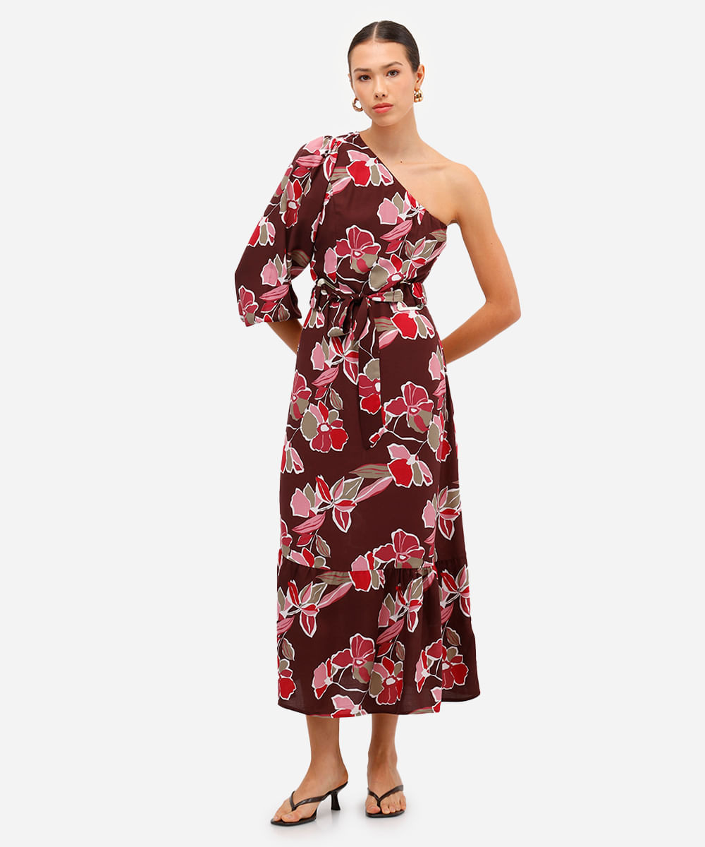 vestido ombro único feminino de viscose com recorte floral marrom