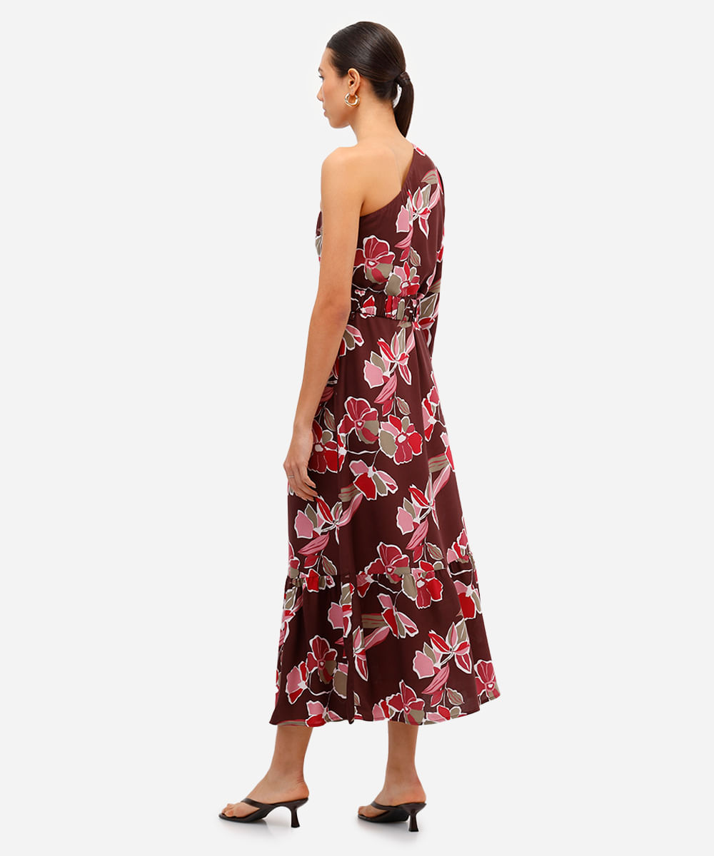 vestido ombro único feminino de viscose com recorte floral marrom