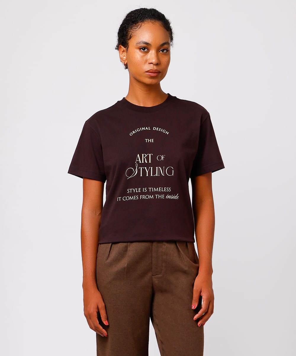 camiseta feminina de algodão art of styling mindset marrom