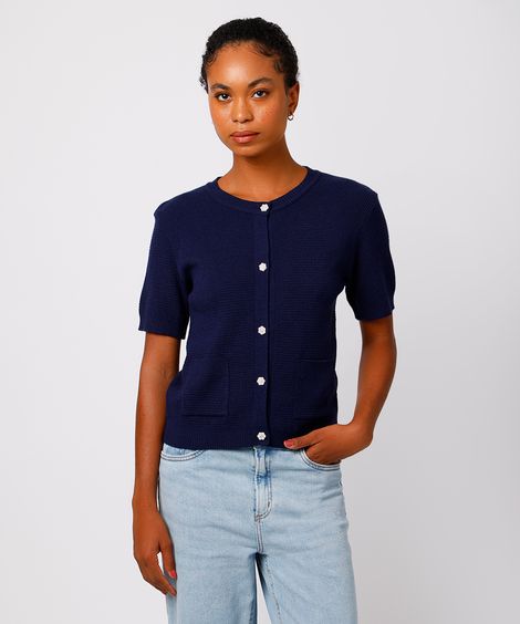cardigan feminino de tricot manga curta mindset azul