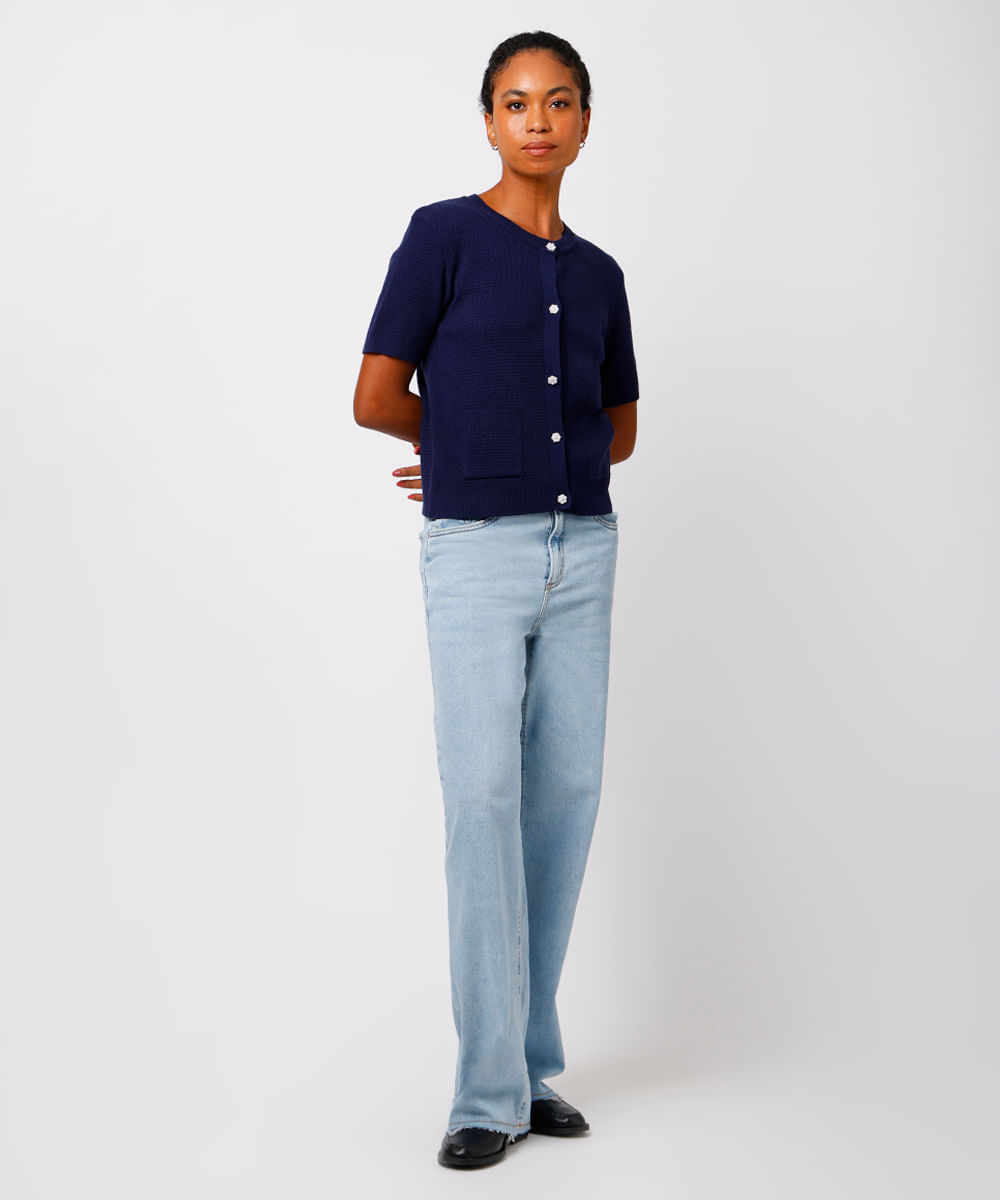 cardigan feminino de tricot manga curta mindset azul