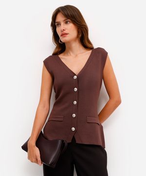 colete feminino alongado de tricot marrom
