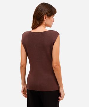 colete feminino alongado de tricot marrom