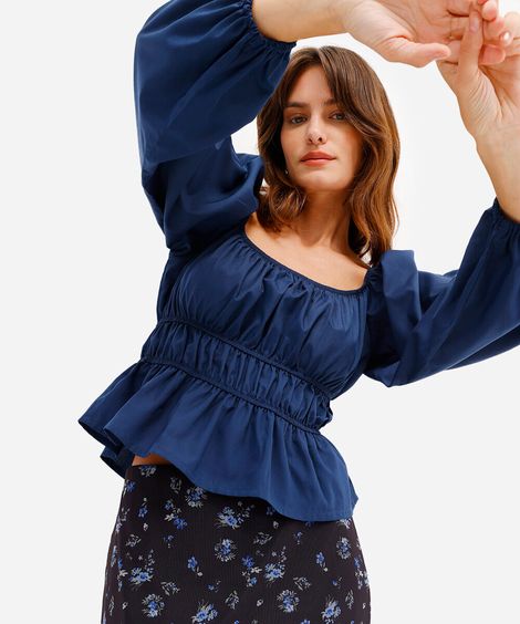blusa feminina manga bufante franzida azul