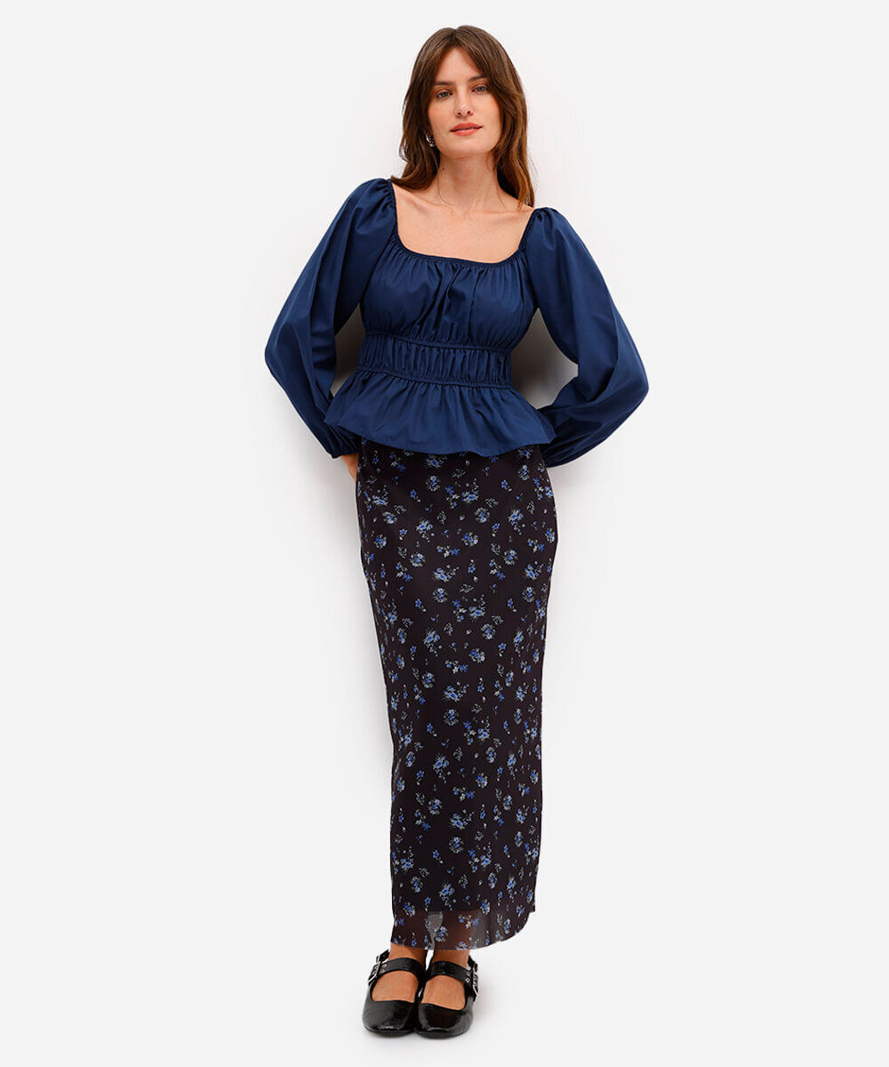 blusa feminina manga bufante franzida azul