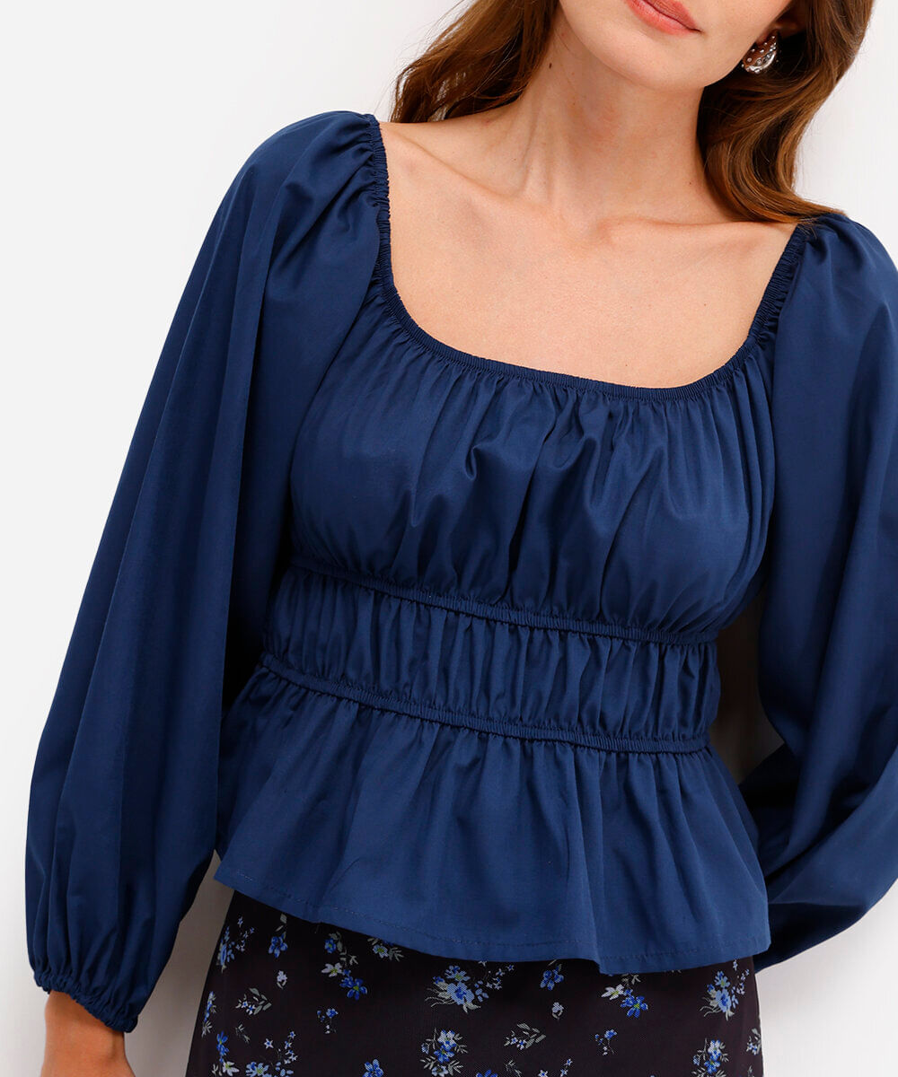 blusa feminina manga bufante franzida azul