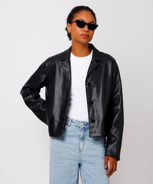 jaqueta cropped feminina de poliuretano mindset preta