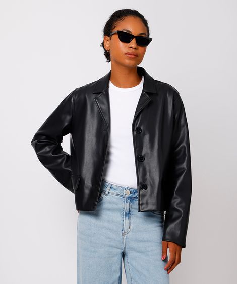 jaqueta cropped feminina de poliuretano mindset preta